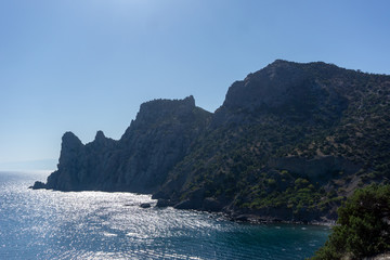 azure sea and rhino head rock