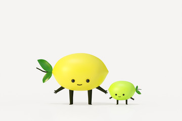 Lemon and baby lemon 3d cartoon character ,3d illustration render on white background