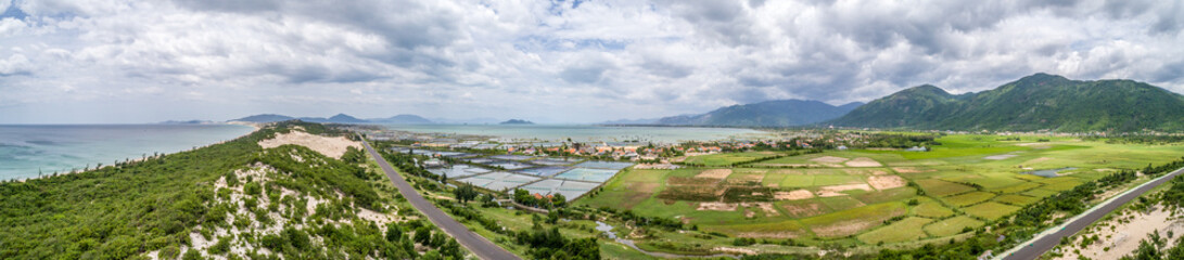 Fototapeta na wymiar Panorama Aerial of Van Tho coastline at Van Phong Bay, Van Ninh, Khanh Hoa