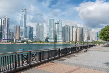 Skyline and harbor of Hong Kong city