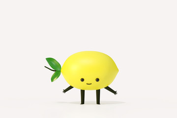 Lemon  3d cartoon character ,3d illustration render on white background