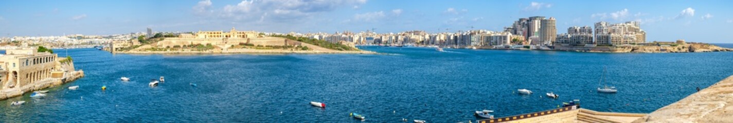 Panoramic view of the Manoel Island and Sliema city, seen from Vallette city, Malta