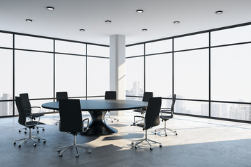 Bright meeting room interior with panoramic city view.