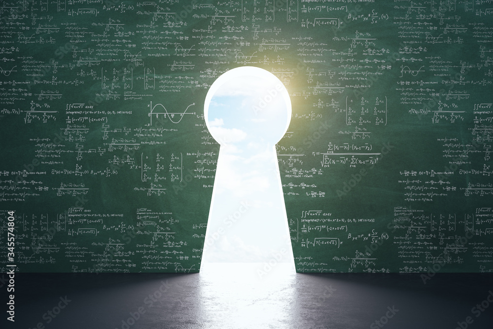 Poster Blackboard with drawing mathematical formulas and keyhole with city view.