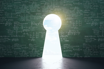 Blackboard with drawing mathematical formulas and keyhole with city view.