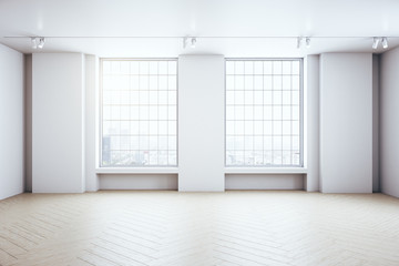 Obraz na płótnie Canvas Contemporary gallery interior with two window to city and daylight.