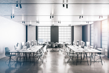 Coworking office interior hall with computer