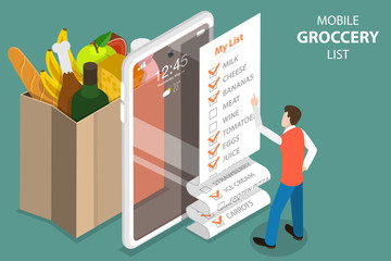 3D Isometric Flat Vector Concept of Mobile Grocery List, Shopping List App.