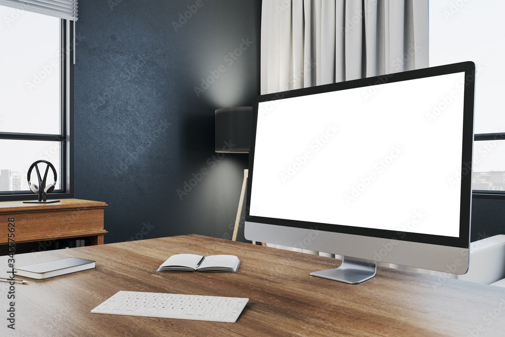 Poster white computer screen on designer desktop