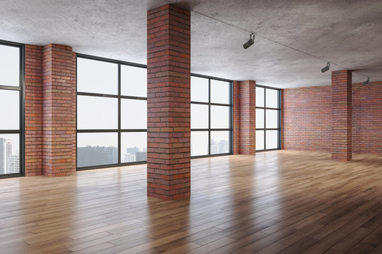 Contemporary red brick room with column and panoramic city view.