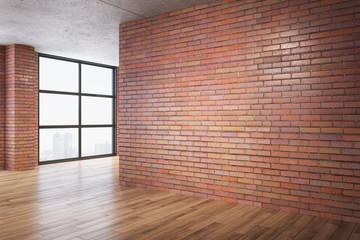 Minimalistic red brick room with copy space on wall.
