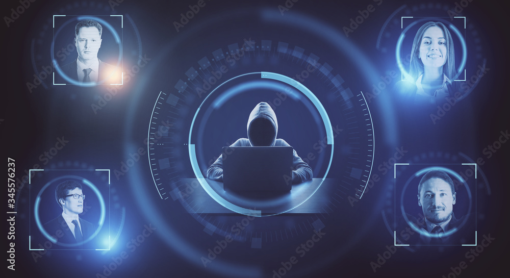 Poster Hacker using laptop and collects data about business people