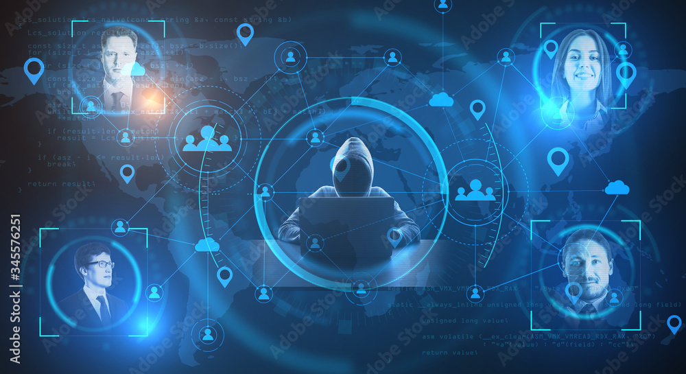 Aufkleber Hacker at desktop using laptop with abstract social media network