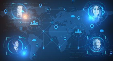 Glowing abstract remote work hologram.