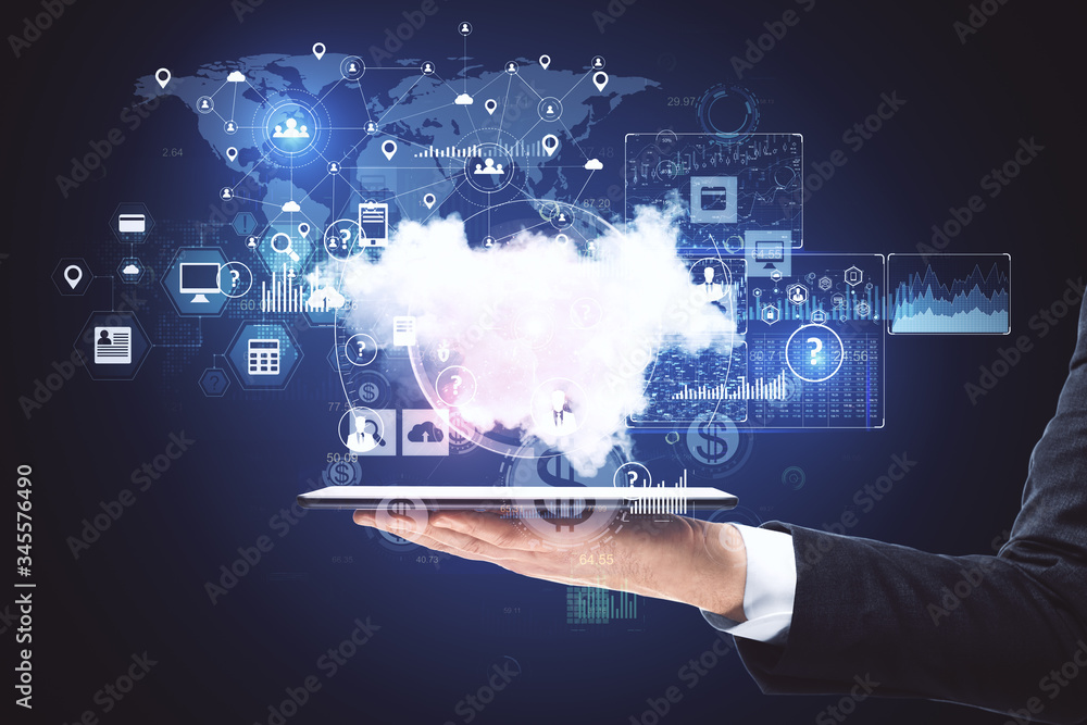Poster hands holding digital tablet with online networking cloud diagram.