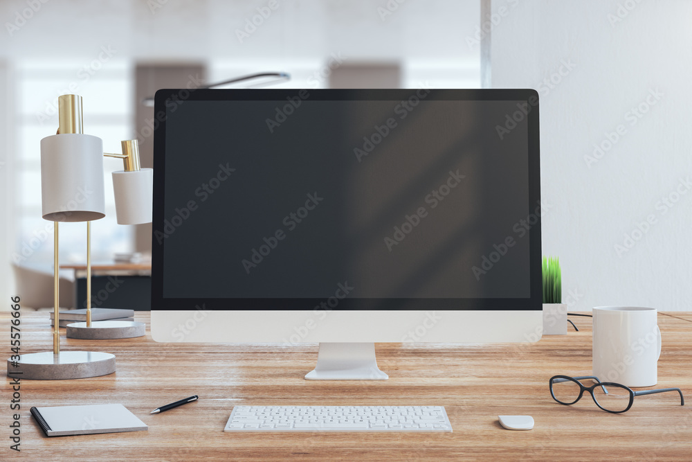 Poster creative designer workplace with empty black computer screen
