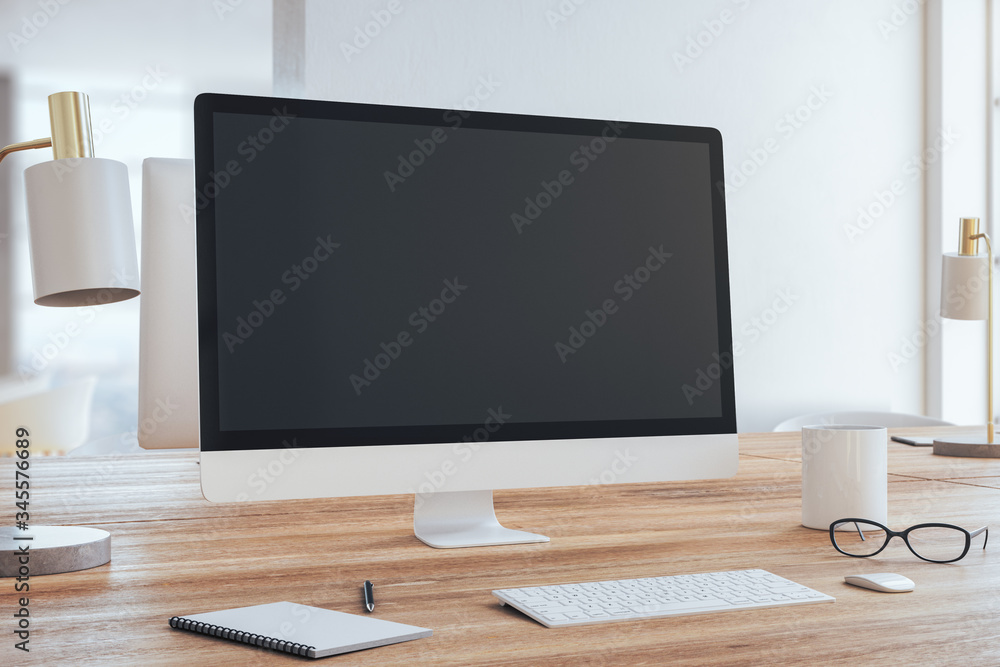 Poster Modern designer desktop with empty computer screen