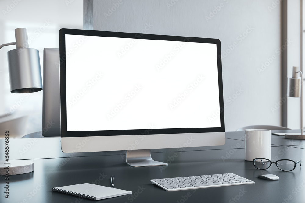 Poster creative designer workplace with empty white computer screen