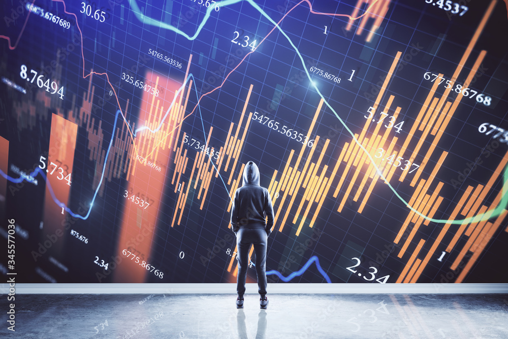 Poster hacker in hoodie looking on glowing stock chart