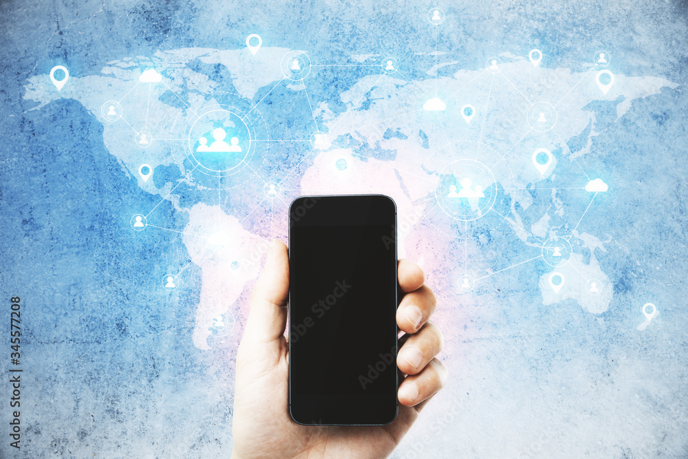 Aufkleber hand using smartphone and social media network