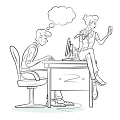 Man and woman works on the computer. Hand drawn sketch vector illustration.