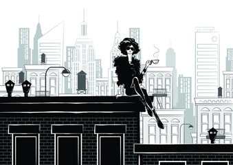 Fashion girl in style sketch on the rooftop in New York - 345577404