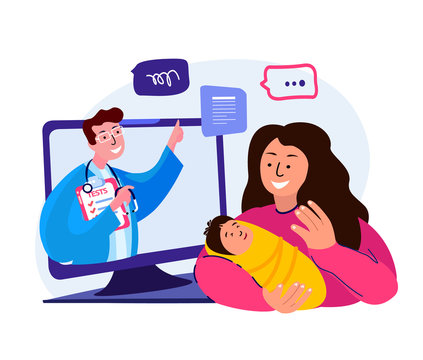 Consultation Pediatrician on Video.Young Adult Caring Mother Dundle Kid Baby Child.Online Doctor Conversation.Coronavirus Epidemic Quarantine.Internet Laptop.Home Consultation.Flat Vector Illustration