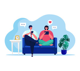 People with gadgets vector illustration. Cartoon flat happy couple characters sitting on sofa in room interior of home apartment, using tablet or smartphone for social media activity isolated on white