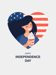Vector brunette woman with a milkshake in her hand on independence day on the background with the american flag in the shape of a heart