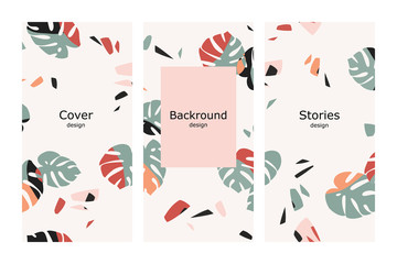 Obraz premium Vector tropical abstract design with monstera leaves for stories background