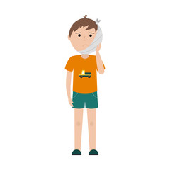 A sad boy in a t-shirt with a car and shorts stands holding his bandaged cheek. Toothache. Bandage on the head. Simple color illustration with a child in a flat style. Isolated on a white background.