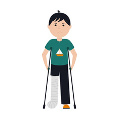 A sad boy in a t-shirt and pants stands with a broken leg on crutches. The leg fracture was fixed with a cast. Color vector illustration with a child in a flat style. Isolated on a white background