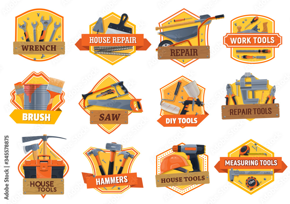 Sticker work tools construction, house repair, building and renovation diy toolbox, vector icons. home remod