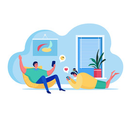 People with gadgets vector illustration. Cartoon flat happy woman man character using smartphone app for social media activity, young couple or friends spending time together at home isolated on white
