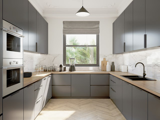 3d modern contemporary grey kitchen with wood countertop and herringbone floor