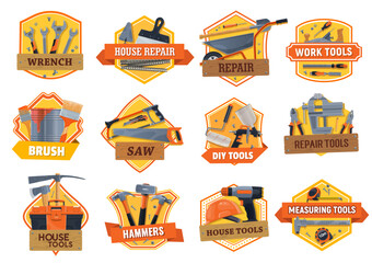 Work tools construction, house repair, building and renovation DIY toolbox, vector icons. Home remodeling work tools, carpentry hammer, woodwork saw and painting brush, masonry saw and drill