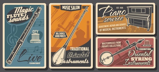 Music instruments, musical store or shop vector retro posters. Piano adjustment and repair service, Oriental Asian string folk musical instruments philharmonic orchestra and flute live concert © Vector Tradition