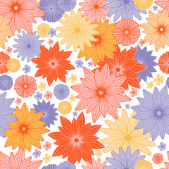 Blooming summer meadow seamless pattern. Plant background of pink, red, yellow and purple flowers. A lot of different flowers on the field. Trendy floral design for fashion, wallpapers, print