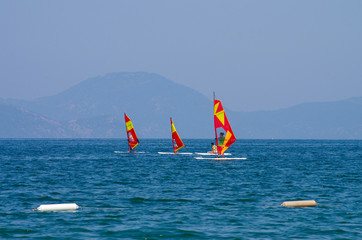 FETHIYE, TURKEY - June, 2019: Windsurfing in the Aegean