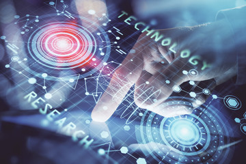 Multi exposure of man's hand holding and using a digital device and data theme drawing. Innovation concept.