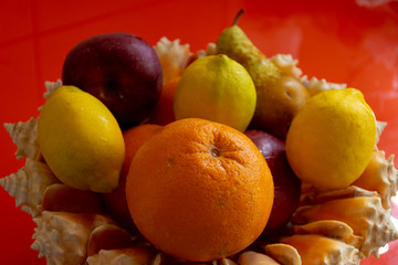 tray of natural seashells with fresh fruit.