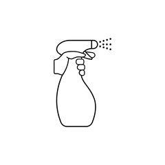 Hand holding a spray bottle line icon. Cleaning, disinfection concept. Antiseptic liquid for corona virus prevention. Alcohol sanitizer dispenser. Black outline on white background. Line vector sign.