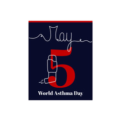 Calendar sheet, vector illustration on the theme of World Asthma Day. May 5. Decorated with a handwritten inscription – MAY  and linea inhaler.