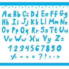 Stylized blue alphabet and numbers on white background. Vector image.