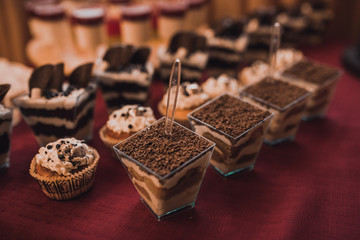 Catering services in restaurant outdoor on wedding ceremony. Food and glass of champagne. restaurant