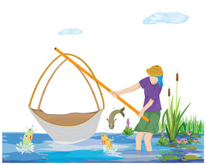 one woman Catch fish by a hand net fish vector design