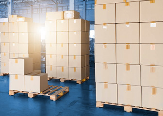 stack of cardboard boxes on wooden pallets, interior of storage warehouse, package box, shipment export, warehouse logistics cargo shipping