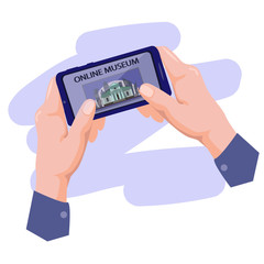 Online museum stock vector illustration. View on the museum’s phone online. Explore sights remotely. Phone in hand. Flat style stock illustration. Online learning. Remote leisure
