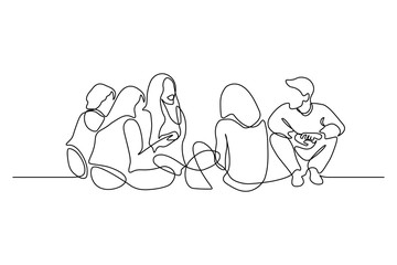 Group of young people sitting on ground together and talking. Friends rest and communicate. Continuous line art drawing style. Minimalist black linear sketch on white background. Vector illustration