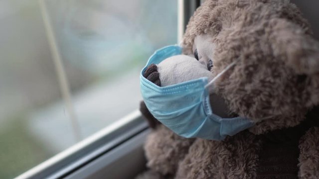 teddy bear in medical mask near window